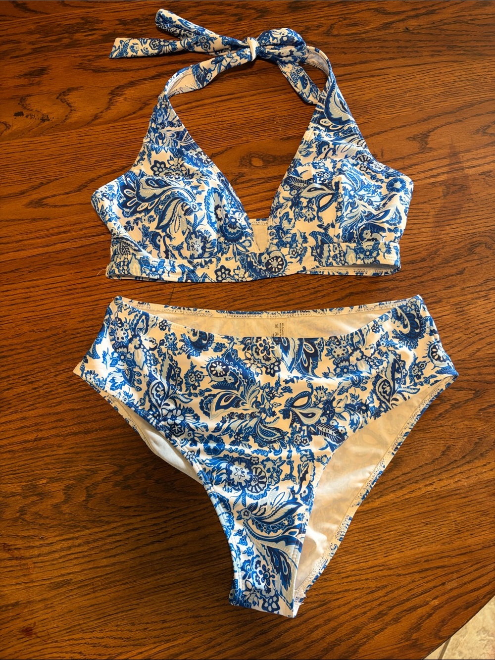 Blue & White Paisley Halter Bikini
